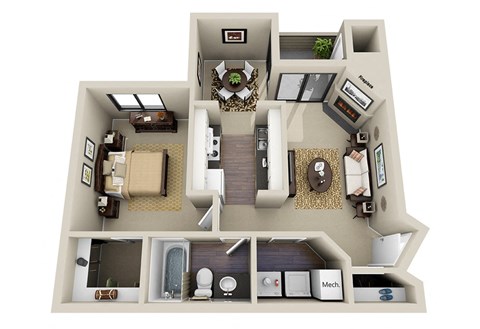 Floor plan for 1 bed, 1 bath, 800 sqft