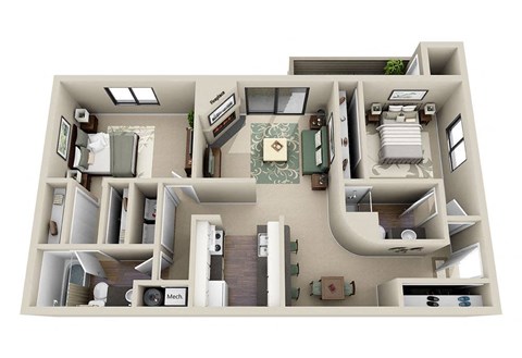 Floor plan for 2 beds, 2 baths, 1007 sqft