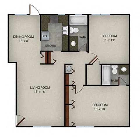 Floor plan for 2 beds, 2 baths, 1084 sqft