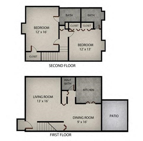 Floor plan for 2 beds, 2.5 baths, 1190 sqft