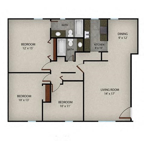Floor plan for 3 beds, 2 baths, 1263 sqft