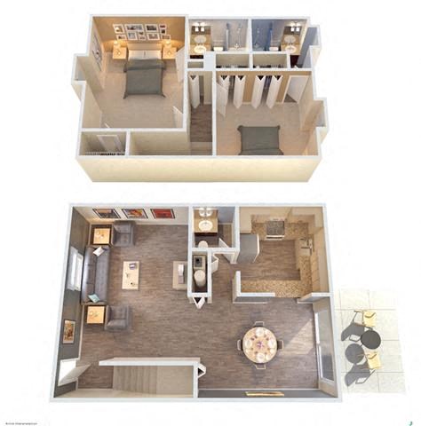 Floor plan for 2 beds, 2.5 baths, 1327 sqft