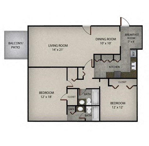 Floor plan for 2 beds, 2 baths, 1352 sqft
