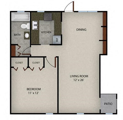 Floor plan for 1 bed, 1 bath, 890 sqft