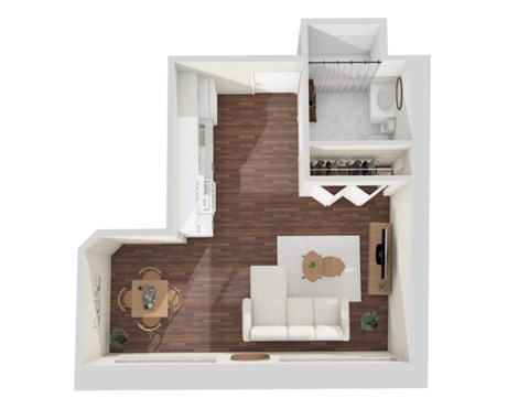 Floor plan for studio, 1 bath, 386 sqft