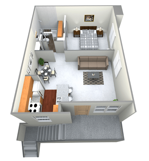 Floor plan for 1 bed, 1 bath, 605 sqft