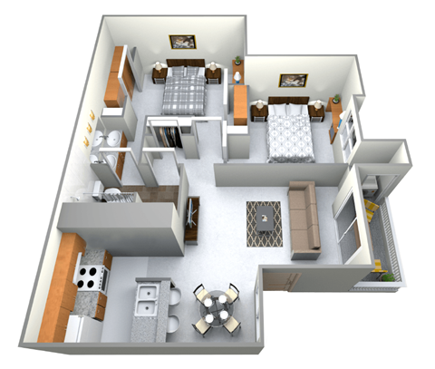 Floor plan for 2 beds, 1 bath, 840 sqft