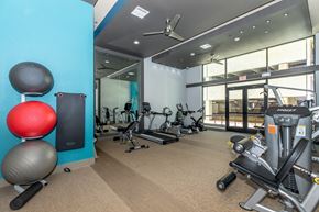Fort Worth apartment for rent - A gym with a variety of equipment including a treadmill, exercise balls, and weights.