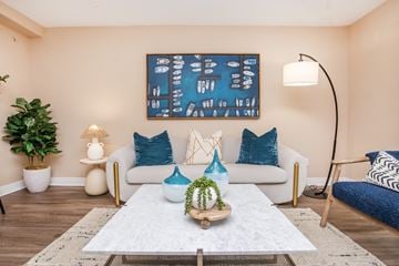 Bradenton apartment for rent - A living room with a white couch, a blue and white rug, and a large painting on the wall.