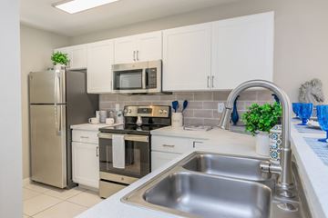 Lady Lake apartment for rent - A kitchen with a stainless steel sink and white cabinets.