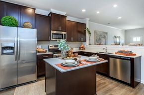 Savannah apartment for rent - A modern kitchen with dark wood cabinets and stainless steel appliances.