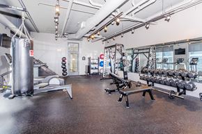 Jersey City apartment for rent - A gym with a punching bag, weight racks, and a bench press.