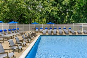 New London apartment for rent - A pool surrounded by chairs and umbrellas.