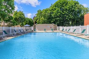 Groton apartment for rent - A large blue swimming pool surrounded by trees and lounge chairs.