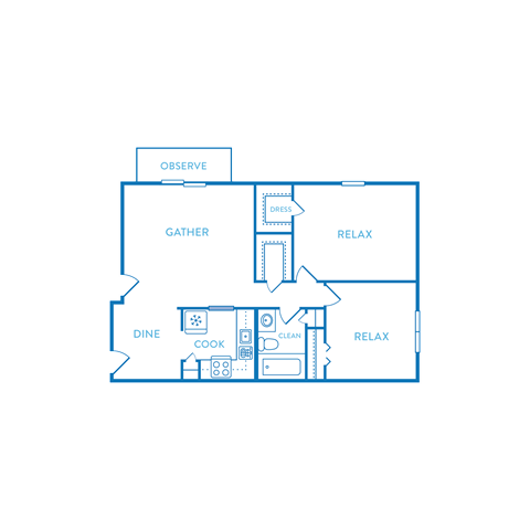 Floor plan for 2 beds, 1 bath, 1000 sqft