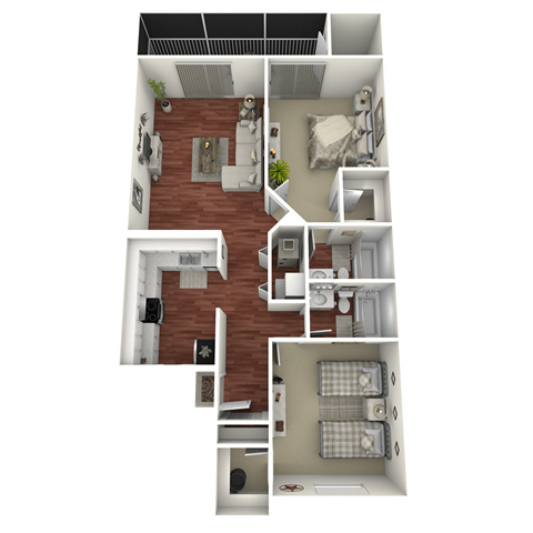 Floor plan for 2 beds, 2 baths, 1000 sqft