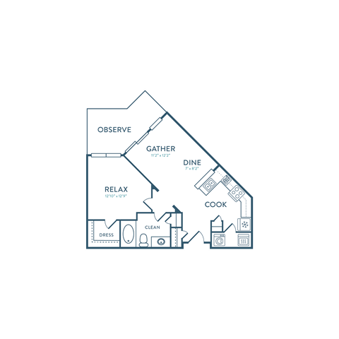Floor plan for 1 bed, 1 bath, 650 sqft