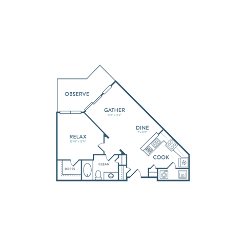 Floor plan for 1 bed, 1 bath, 674 sqft