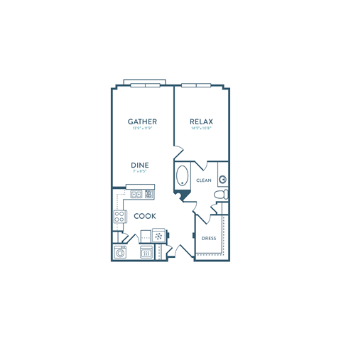 Floor plan for 1 bed, 1 bath, 750 sqft