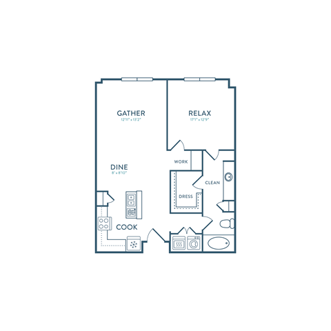 Floor plan for 1 bed, 1 bath, 822 sqft