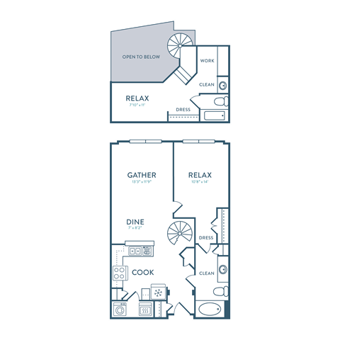 Floor plan for 1 bed, 2 baths, 998 sqft
