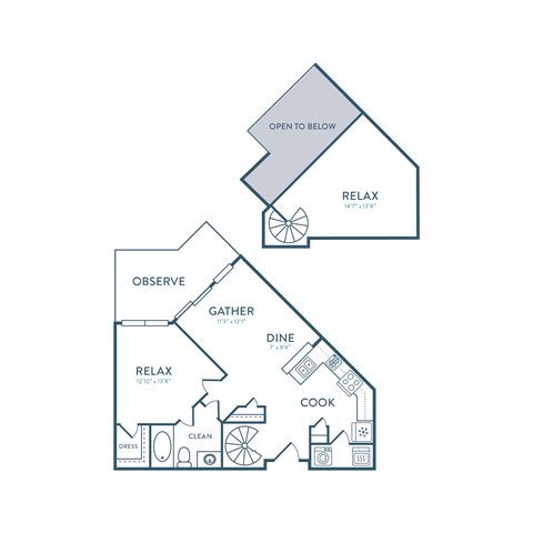 Floor plan for 2 beds, 1 bath, 846 sqft