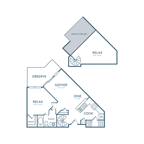 Floor plan for 2 beds, 1 bath, 895 sqft