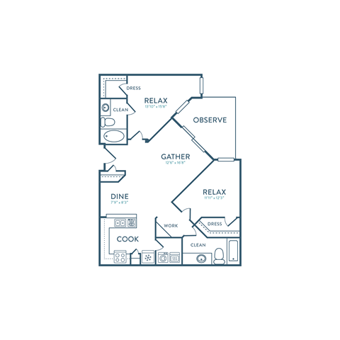 Floor plan for 2 beds, 2 baths, 996 sqft