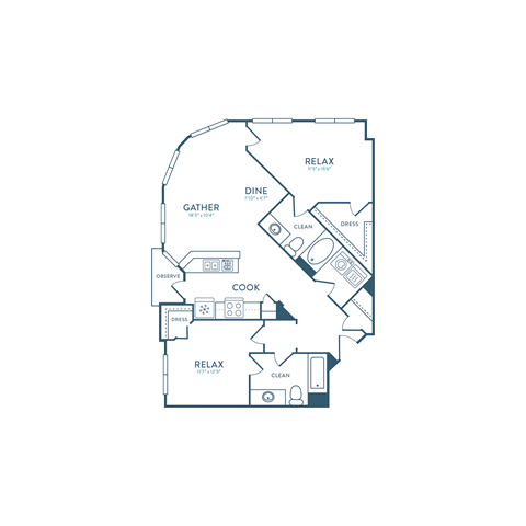 Floor plan for 2 beds, 2 baths, 1128 sqft