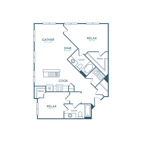 Floor plan for 2 beds, 2 baths, 1114 sqft