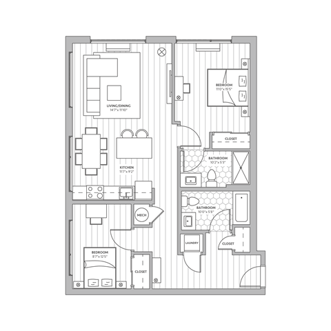 Floor plan for 2 beds, 2 baths, 1009 sqft