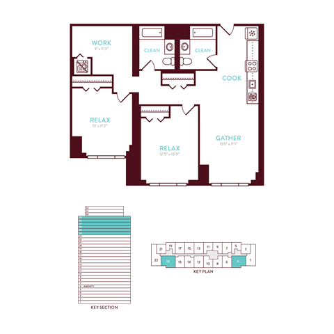Floor plan for 2 beds, 2 baths, 1012 sqft