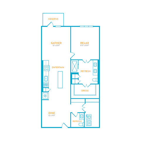 Floor plan for 1 bed, 1.5 baths, 1031 sqft