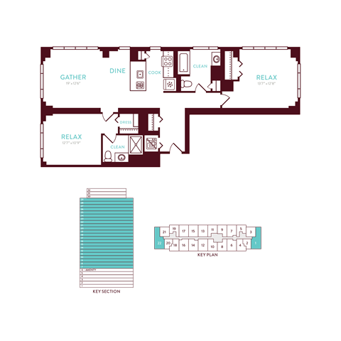 Floor plan for 2 beds, 2 baths, 1032 sqft