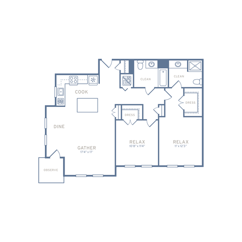 Floor plan for 2 beds, 2 baths, 1074 sqft