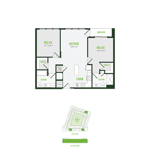 Floor plan for 2 beds, 2 baths, 1040 sqft