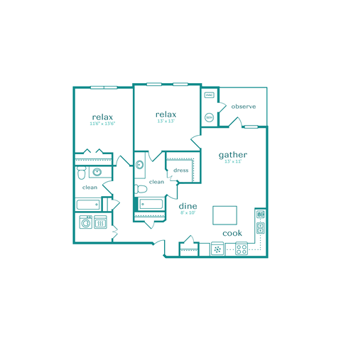 Floor plan for 2 beds, 2 baths, 1049 sqft