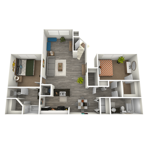 Floor plan for 2 beds, 2 baths, 1050 sqft