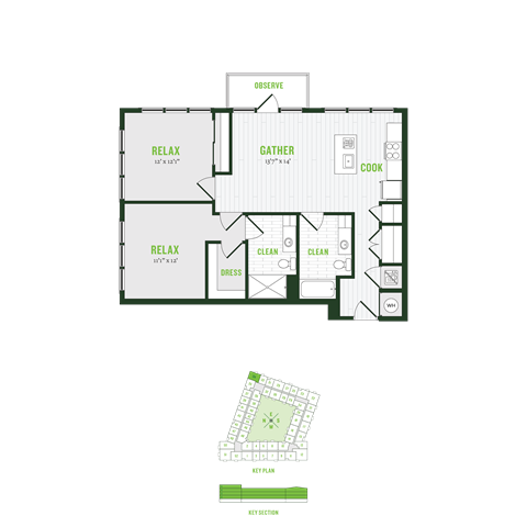 Floor plan for 2 beds, 2 baths, 1051 sqft