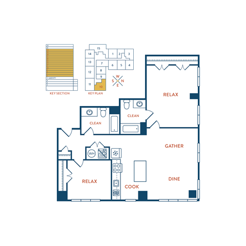 Floor plan for 2 beds, 2 baths, 1051 sqft