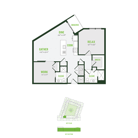Floor plan for 1 bed, 2 baths, 1059 sqft