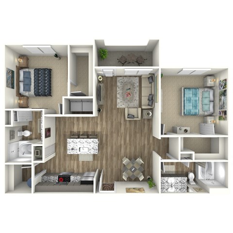 Floor plan for 2 beds, 2 baths, 1067 sqft