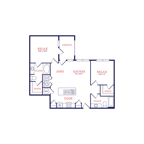 Floor plan for 2 beds, 2 baths, 1073 sqft