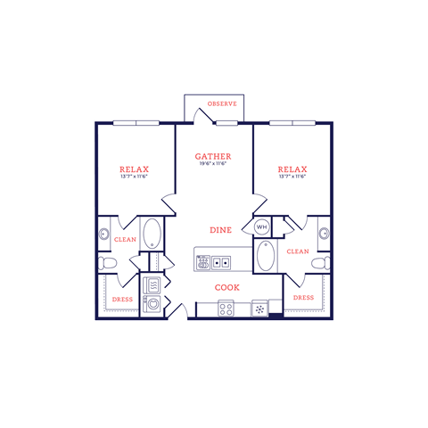 Floor plan for 2 beds, 2 baths, 1080 sqft