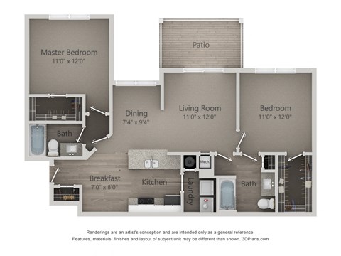 Floor plan for 2 beds, 2 baths, 1082 sqft