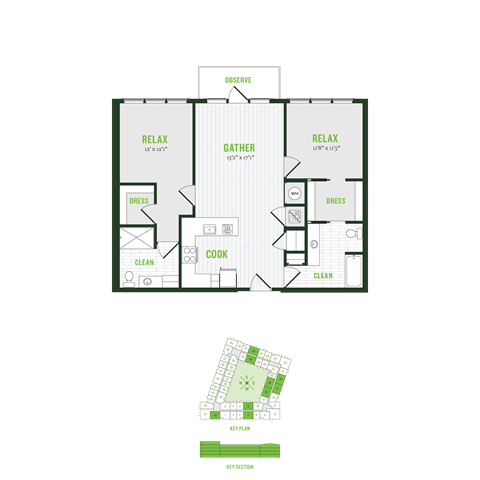 Floor plan for 2 beds, 2 baths, 1082 sqft