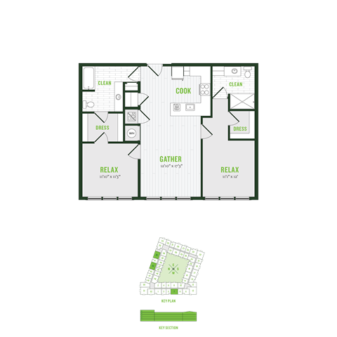 Floor plan for 2 beds, 2 baths, 1082 sqft