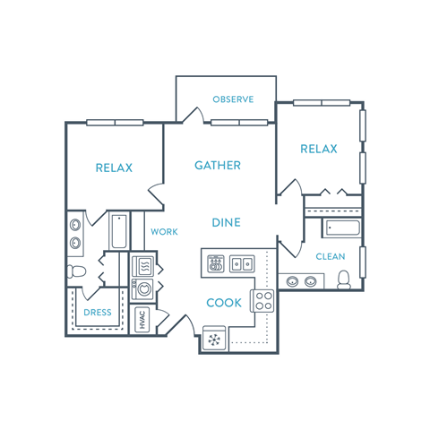 Floor plan for 2 beds, 2 baths, 1101 sqft