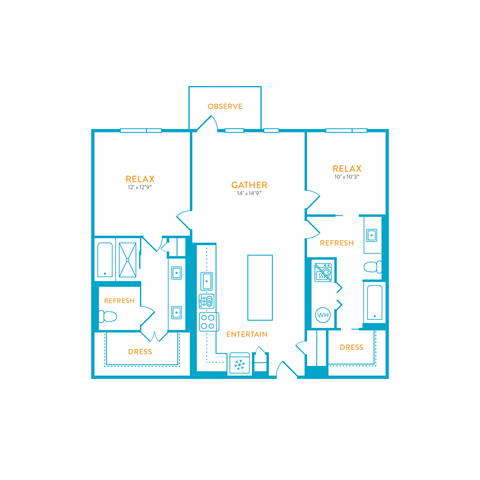 Floor plan for 2 beds, 2 baths, 1108 sqft