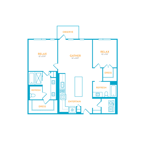 Floor plan for 2 beds, 2 baths, 1108 sqft